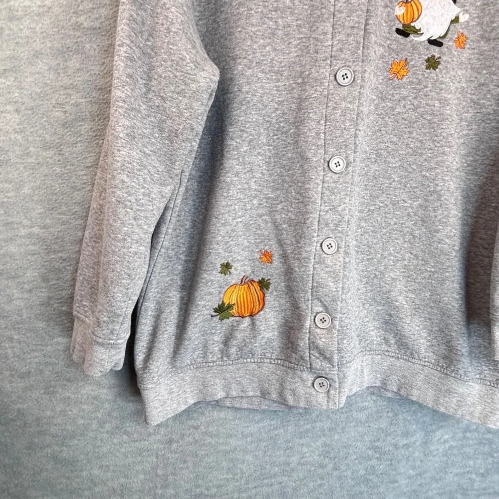 Vintage Sweatshirt Cardigan‎ Autumn Gnome Pumpkin Leaves Whimsical Gray 1X Plus